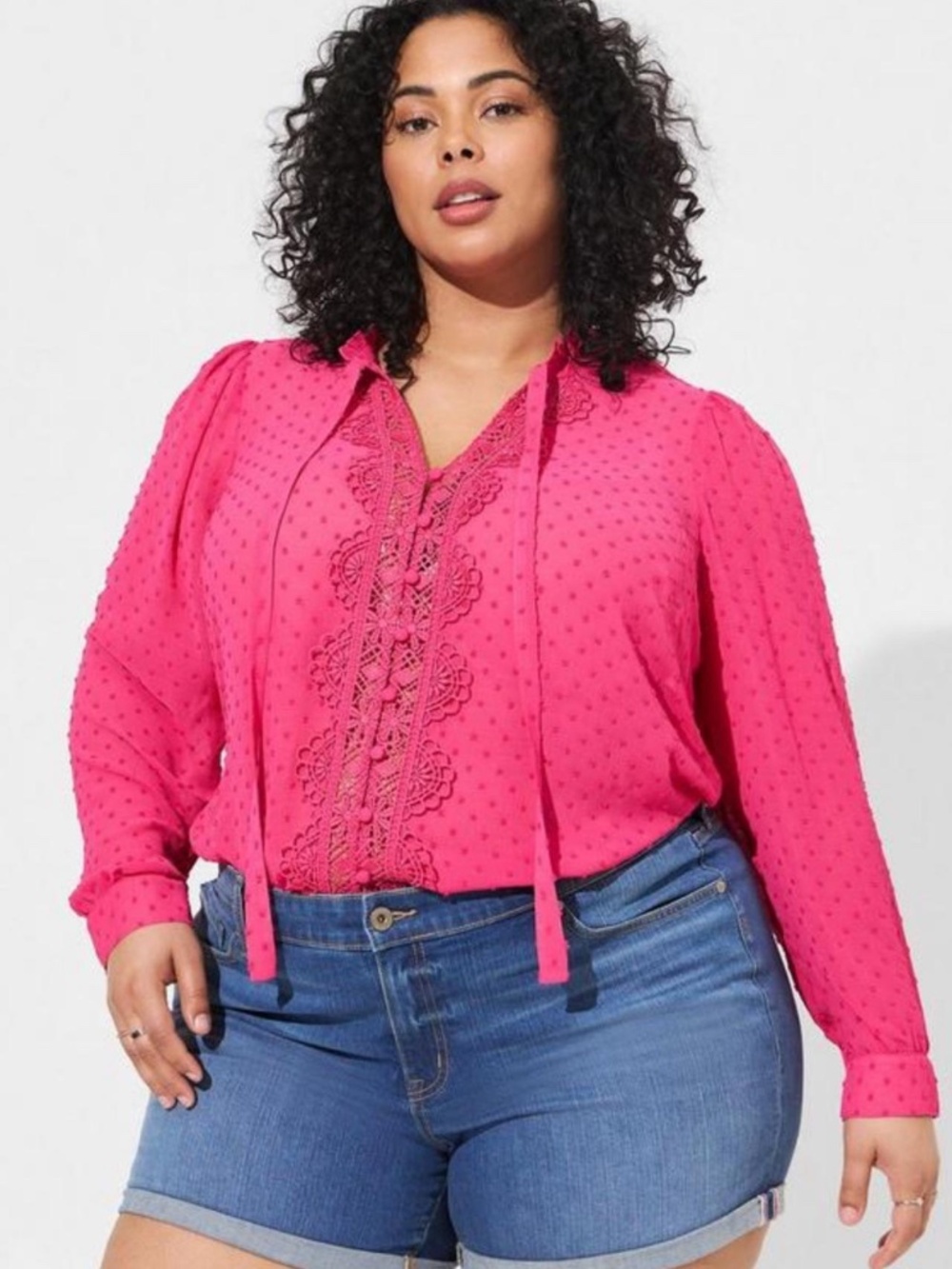 Torrid Hot Pink Sheer Chiffon Clip Dot Tie Neck Ruffle Blouse NWOT Size 1
